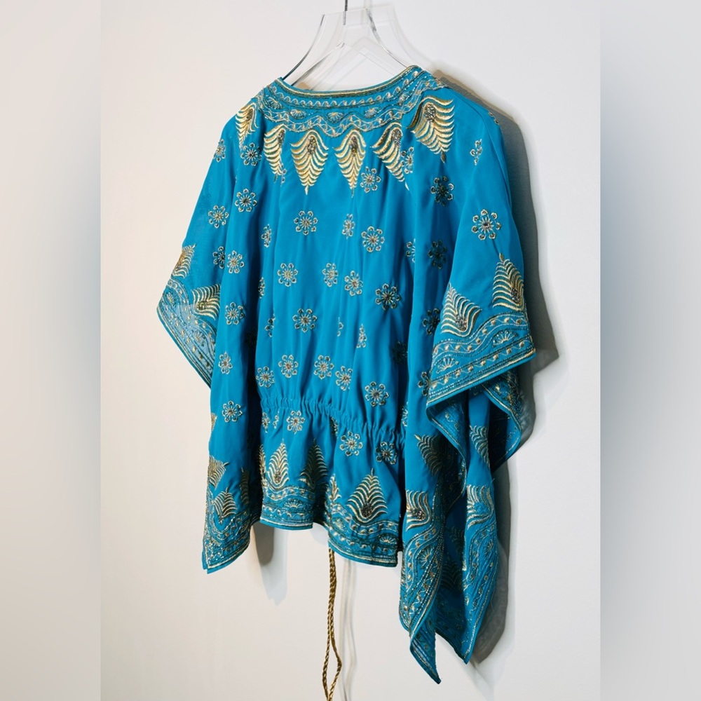 Alice + Olivia Sharita Blue Green Teal Gold Embroidered Drawstring Top Blouse - Picture 9 of 15